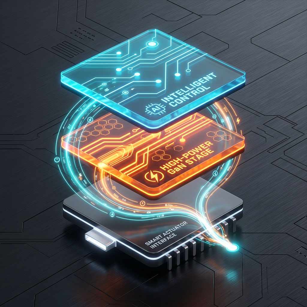 Servo AI SiP — 3-layer integrated module with intelligent control, high-power GaN stage, and smart actuator interface